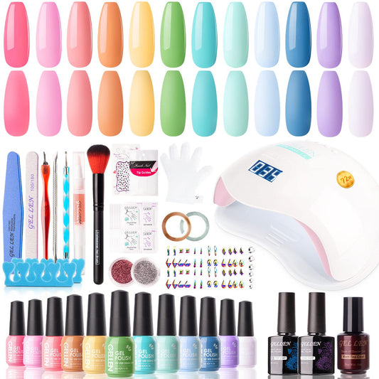 Gellen Gel Nail Polish Kit with U V Light 72W LED Nail Lamp - 12 Colors Pink Purple Blue Green Gel Polish Starter Kit Vibrant Summer Gel Nail Kits with Base Top Coat/Manicure Tools/Nail Art