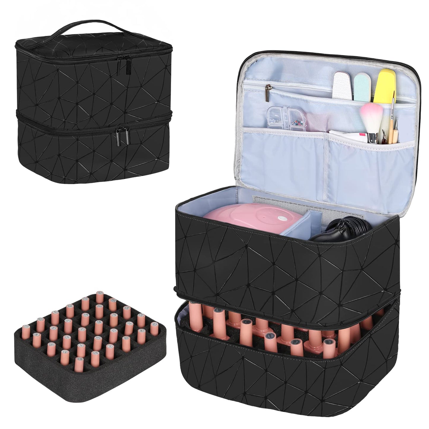 Dofilachy nail polish Organizer, Travel Carrying Case-Custom Nail Organizer for Manicure Set, Double Layer Carrying Bag (Black,Large)