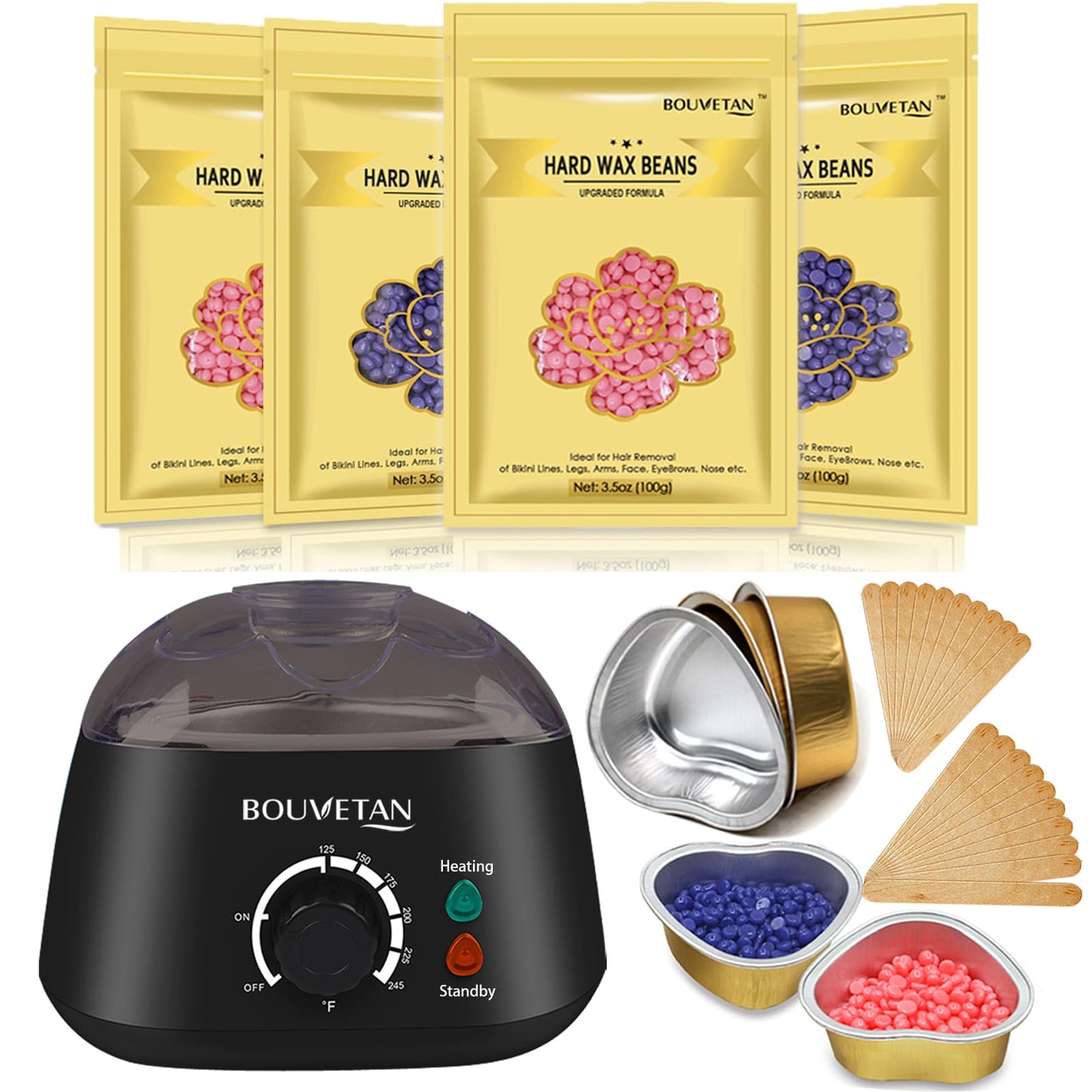 Waxing Kit for Women Men, Bouvetan Dual LED Wax Machine for Hair Removal with 14oz Hard Wax Beads, Wax Pot for Face Armpit Legs Brazilian, At Home Wax Warmer Kit for Hair Removal with 20 Wax Sticks