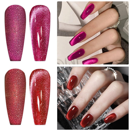 AHAMIOU Crystal Cat Eye Gel Polish Kits Magnetic Nail Polish Set Holographic Cats Eyes Gel Nail Polish Shiny Diamond Glitter Gel with Magnet Stick (2PCS-dark pink&ruby red)