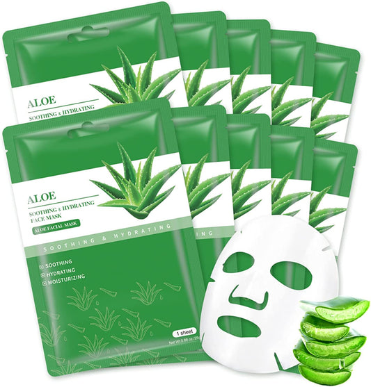 Aloe Vera Soothing Mask Hydrating Face Masks Skincare Moisturizing Facial Sheet Mask Skin care for Dry, Oily, Sensitive Skin Face Mask for Acne, Sun Care, Calming, 25ml/0.88oz, Pack of 10