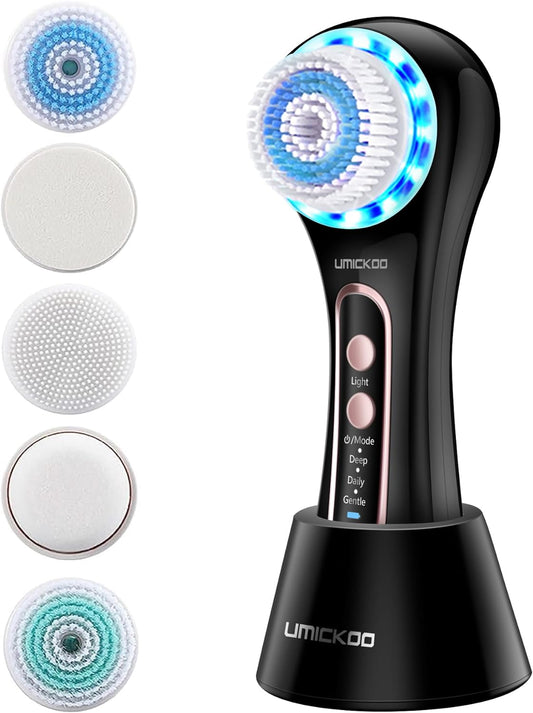 UMICKOO Face Scrubber Exfoliator,Facial Cleansing Brush Rechargeable IPX7 Waterproof with 5 Brush Heads,Face Spin Brush for Exfoliating, Massaging and Deep Cleansing