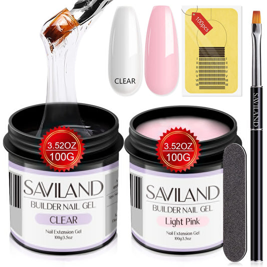 Saviland Builder Nail Gel Kit – 2PCS 3.53oz Large Capacity Clear & Light Pink Hard Gel for Nails Kit with Gel Nail Brush Nail Forms Soak-off U V Nail Gel for Nail Extension & Repair for Salon Home DIY
