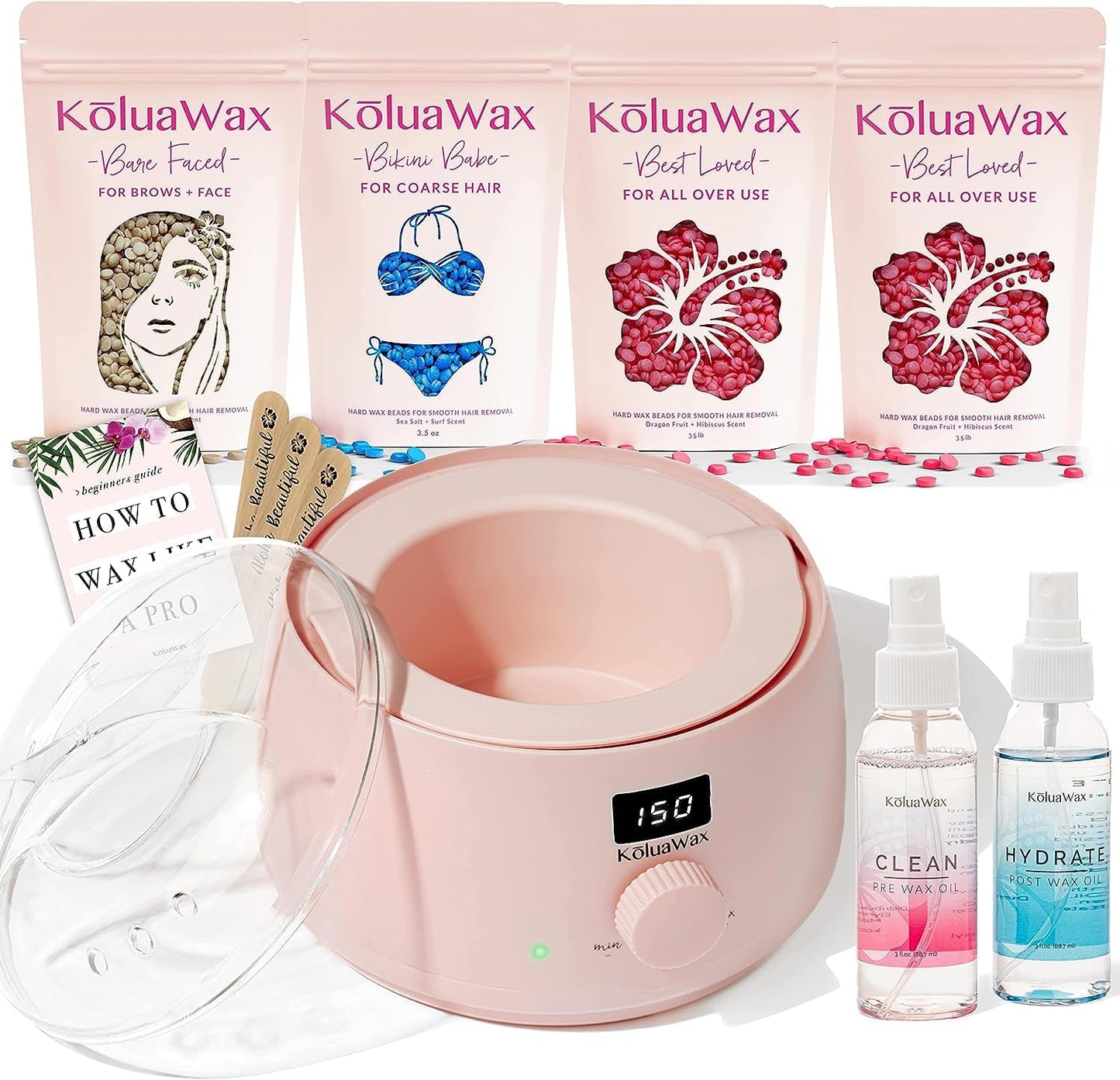 KoluaWax Premium Waxing Kit for Women - Hot Melt Hard Wax Warmer for Hair Removal, Eyebrow, Bikini, Legs, Face, Brazilian Wax - Machine, 4-Pack Beads, Accessories, Blush - Mothers Day Gifts for Mom