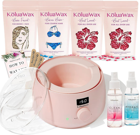 KoluaWax Premium Waxing Kit for Women - Hot Melt Hard Wax Warmer for Hair Removal, Eyebrow, Bikini, Legs, Face, Brazilian Wax - Machine, 4-Pack Beads, Accessories, Blush - Mothers Day Gifts for Mom