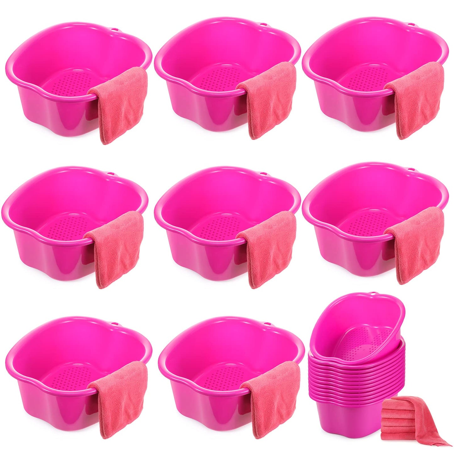 meekoo 24 Pcs Kids Foot Spa Kit for Girls Spa Party, 15 x 13 x 5.9 Inch Foot Tub 11.8 x 23.6 Inch Pink Hand Towels, Washbasin and Salon Towels for Child Sleepover Party Supplies