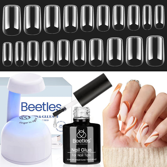 Beetles Gel Nail Kit Easy Nail Extension Set with 500Pcs Soft Gel Nail Tips Medium Square Shape 5 In 1 Nail Glue Base Gel and Innovative Uv Led Lamp Easy Diy Nails Art Home Acrylic False Nail Tips Kit