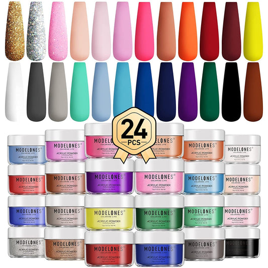 Modelones Acrylic Powder Set, 24 Colors Acrylic Nail Powder, Colored Acrylic Nail System Valentines Nail Art Powder for Nail Extension French Nails 3D Flower, No Nail Lamp Needed