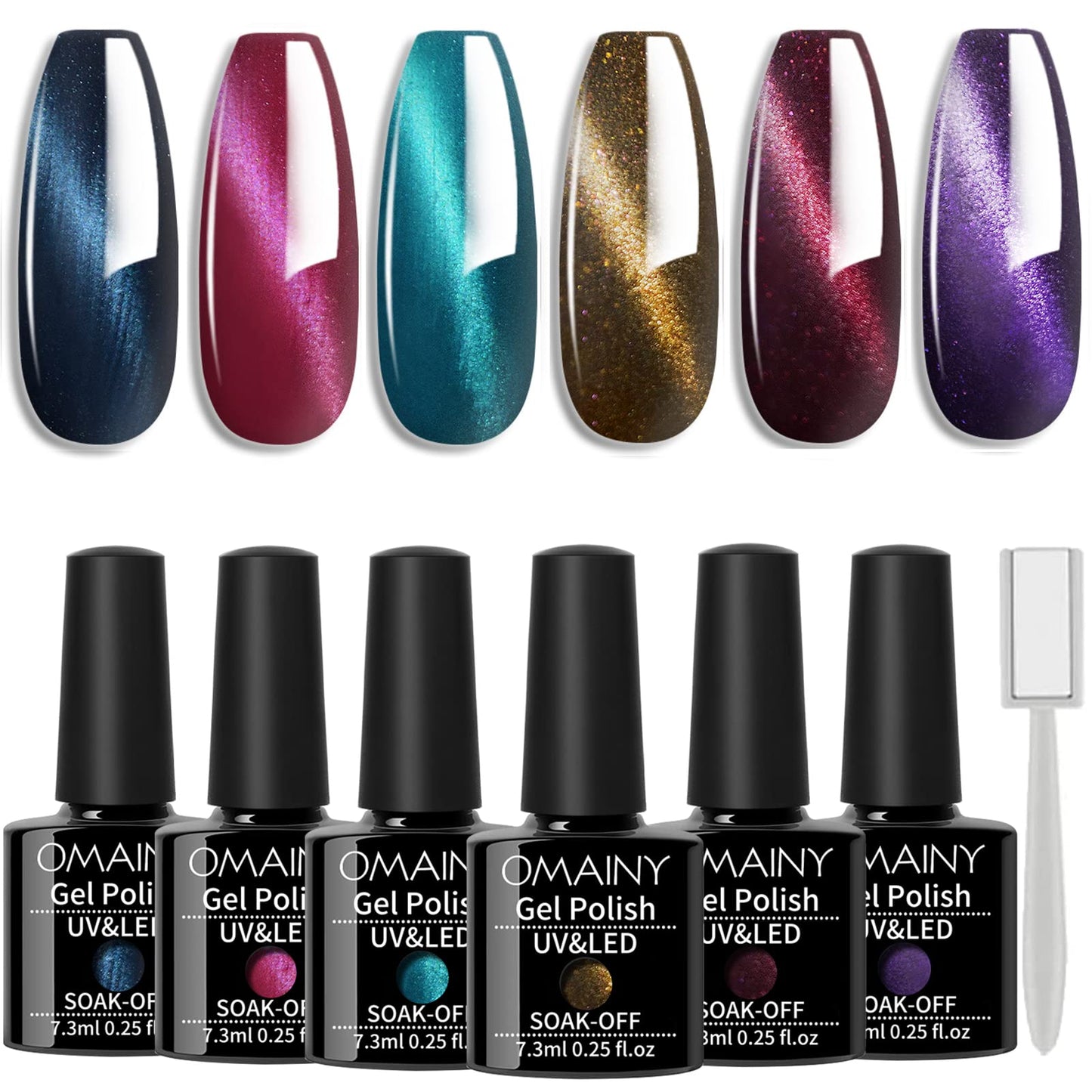 Omainy Gel Nail Polish Set -Cat Eye Magnetic Nail Polish Soak Off UV LED Nail Art Varnish Manicure Set (With Magnet As Gift,7.3Ml)