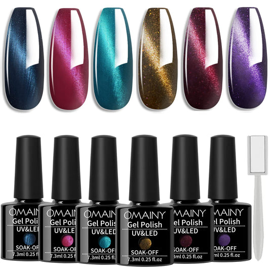 Omainy Gel Nail Polish Set -Cat Eye Magnetic Nail Polish Soak Off UV LED Nail Art Varnish Manicure Set (With Magnet As Gift,7.3Ml)