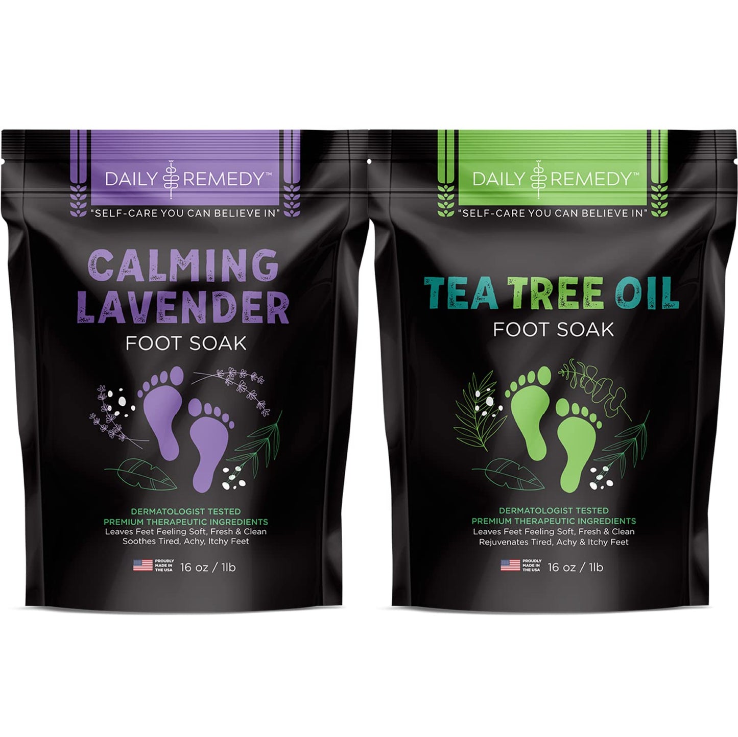 DAILY REMEDY Tea Tree Oil & Calming Lavender Foot Soak Set, Pack of 2, for Foot Pain, Odor, Sore Feet, Athlete’s Foot, Soften Calluses - Natural Blend & Salts, Made In USA
