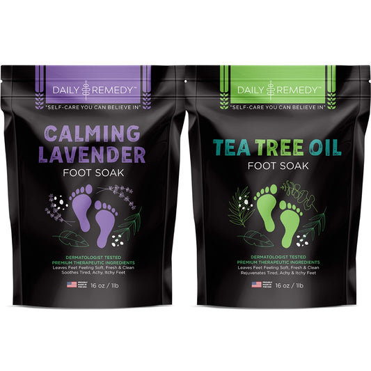 DAILY REMEDY Tea Tree Oil & Calming Lavender Foot Soak Set, Pack of 2, for Foot Pain, Odor, Sore Feet, Athlete’s Foot, Soften Calluses - Natural Blend & Salts, Made In USA