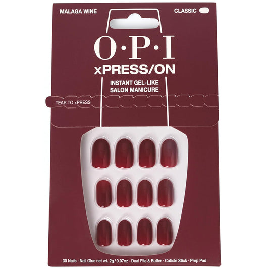 OPI xPRESS/ON Press On Nails, Up to 14 Days of Wear, Gel-Like Salon Manicure, Vegan, Sustainable Packaging, With Nail Glue, Short Red Nails, Malaga Wine