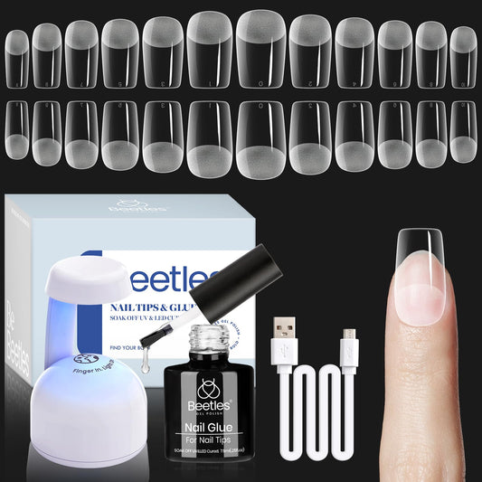 Beetles Gel Nail Kit Easy Nail Extension Set 504Pcs Pre Filed Half Matte Short Square Soft Gel Nail Tips with 5 in 1 Nail Glue Gel Base Gel Uv Led Nail Lamp Acrylic Nail Tips Kit Valentines Gifts