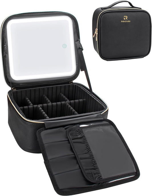 Relavel Makeup Bag with Light Up Mirror, Makeup Case Travel Cosmetic Bags Brush Organizer Storage Box, Rechargeable Vanity Mirror with 3 Color Lights, High Frame Mirror Protection (Black)