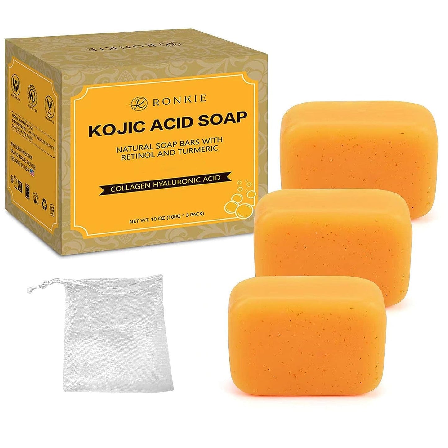 RONKIE Kojic Acid Soap Reduce Dark: For Face and Body for Chest, Underarms, Inner Thighs, Bikini Area Face, Elbows - 3 X 100g Bars