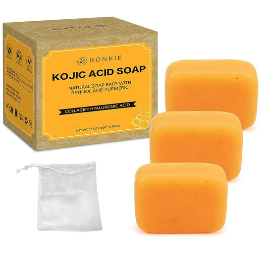 RONKIE Kojic Acid Soap Reduce Dark: For Face and Body for Chest, Underarms, Inner Thighs, Bikini Area Face, Elbows - 3 X 100g Bars