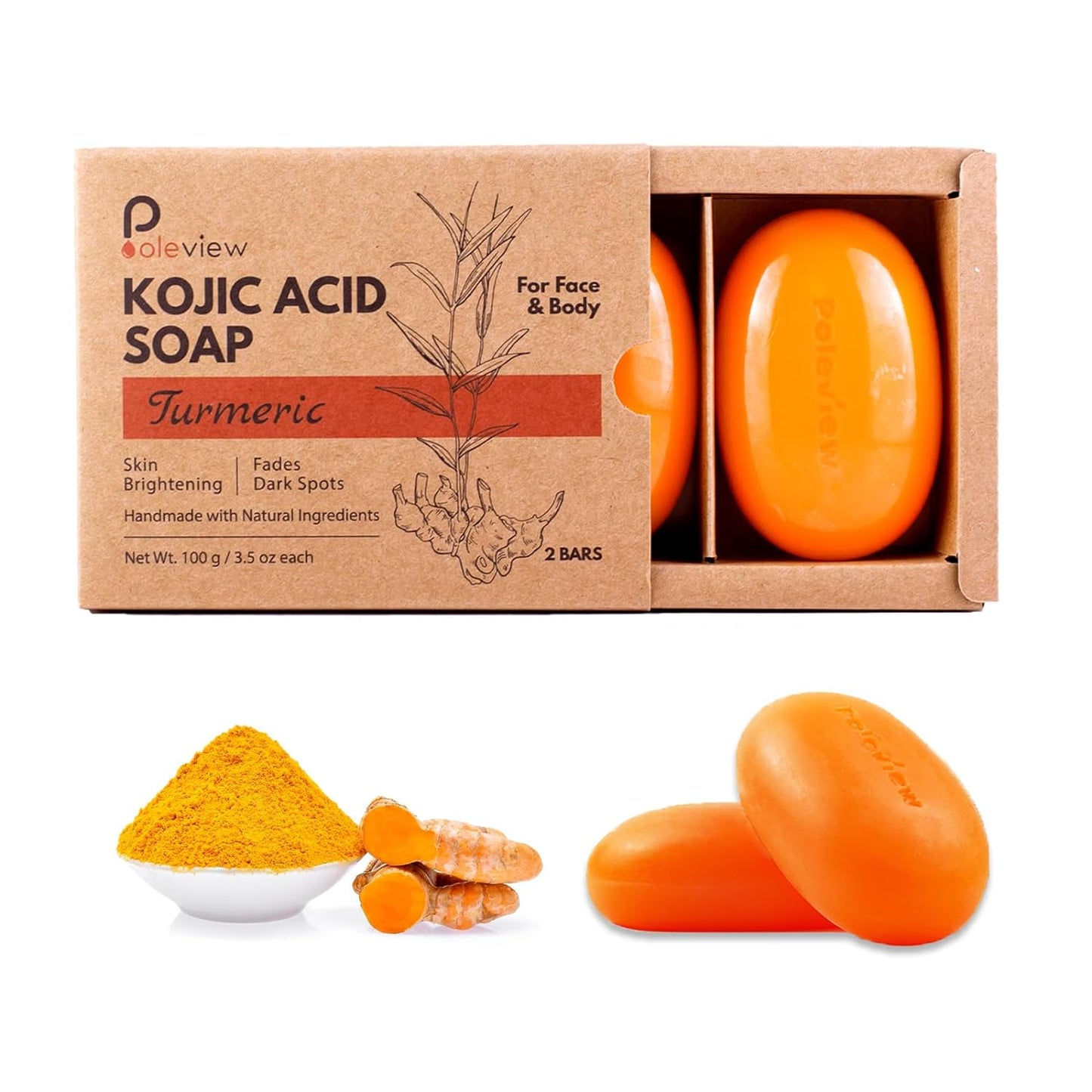 Poleview Kojic Acid Soap for Dark Spots, Turmeric Soap for Skin Lightening, hyperpigmentation, Exfoliating and Nourishing Skincare Bar, Skin Brightening Soap for Face & Body - 100g x 2 Bars