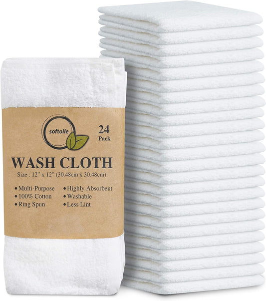 Softolle 100% Cotton Ring Spun Wash Cloths Ð Bulk Pack of Washcloths Ð 12x12 Inches Ð Wash Cloth for Face, Highly Absorbent, Soft and Face Towels (White, 24 Pack)