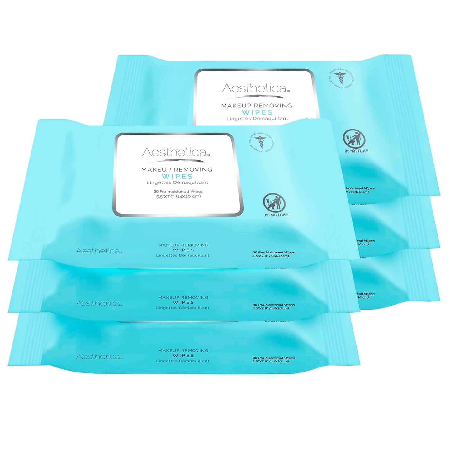 Aesthetica Makeup Removing Wipes - Face & Eye Makeup Remover Wipes - 6 Pack Bulk (180 Wipes Total) Hypoallergenic & Dermatologist Tested - Oil & Fragrance Free - Made in USA