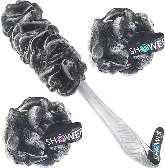 Loofah-Charcoal Back-Scrubber & Bath-Sponges by Shower Bouquet: 1 Long-Handle-Back-Brush Plus 2 Extra Large 75g Soft Mesh Poufs, Men & Women - Exfoliate with Full Pure Cleanse in Bathing Accessories