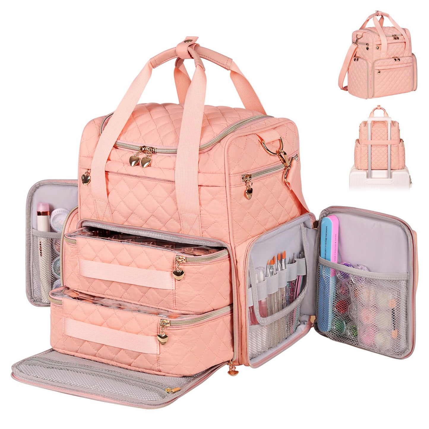 JKAOO Nail Polish Bag, Nail Travel Case Holds 70 Bottles, Nail Polish Organizer with 2 Removable Cases and Tools Storage Pockets (Sweet Pink)