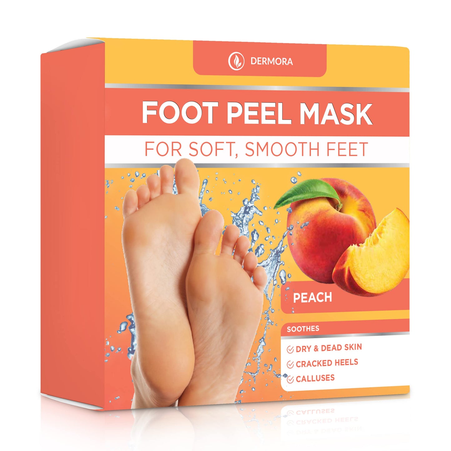 DERMORA Foot Peel Mask - 2 Pack of Regular Size Skin Exfoliating Foot Masks for Dry, Cracked Feet, Callus, Dead Skin Remover - Feet Peeling Mask for baby soft feet, Peach Scent