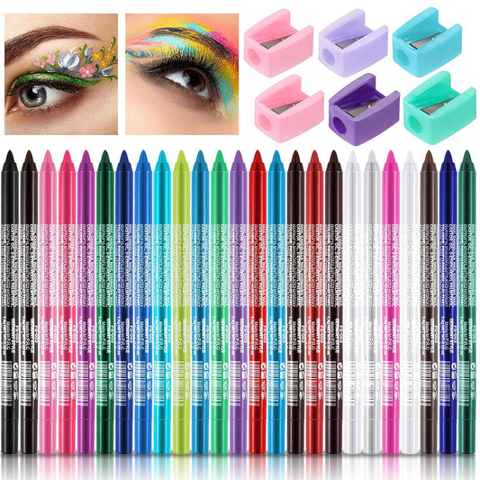 Leelosp 25 Color Eyeliner Pencil Set, Colorful Pearl Eyeliner Kit Metallic Eye Shadow Pen Glitter Waterproof with 6 Pencil Sharpeners Eye Makeup Set for Women Girl Eye Color Lip Liner Accessories