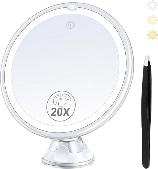 B Beauty Planet 2024 Upgraded Magnifying Mirror with Light, 20X Lighted Magnifying Mirror with Suction Cup and Tweezers, 3 Colors Vanity Mirror, 360 Rotation, Makeup Mirror with Lights 8 Inches