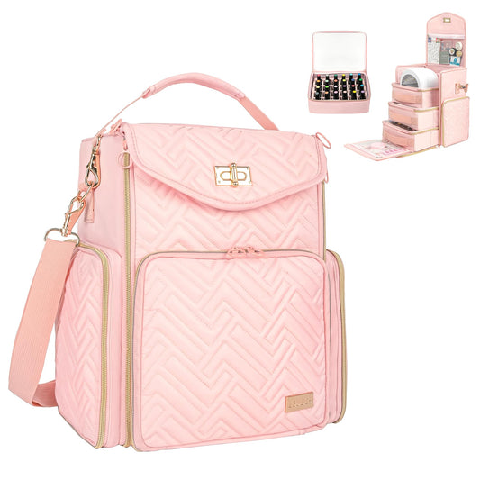 Leudes Nail Polish Holder Organizers and Storage Case for 83 Bottles (0.33-0.68fl.oz) and a Nail Dryer, Nail Bag with 3 Removable Pouches and Tools Storage Sections (Large, Pink)