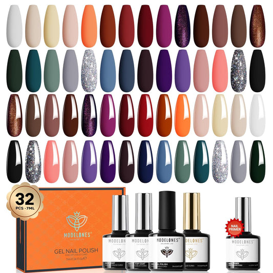 modelones Winter Gel Nail Polish Set, 32 PCS Cat Eye Gel Polish with No Wipe Base & Top Coat and Nail Primer 28 Colors Glitter Black Brown Red Purple Valentine's Day Gifts for Women