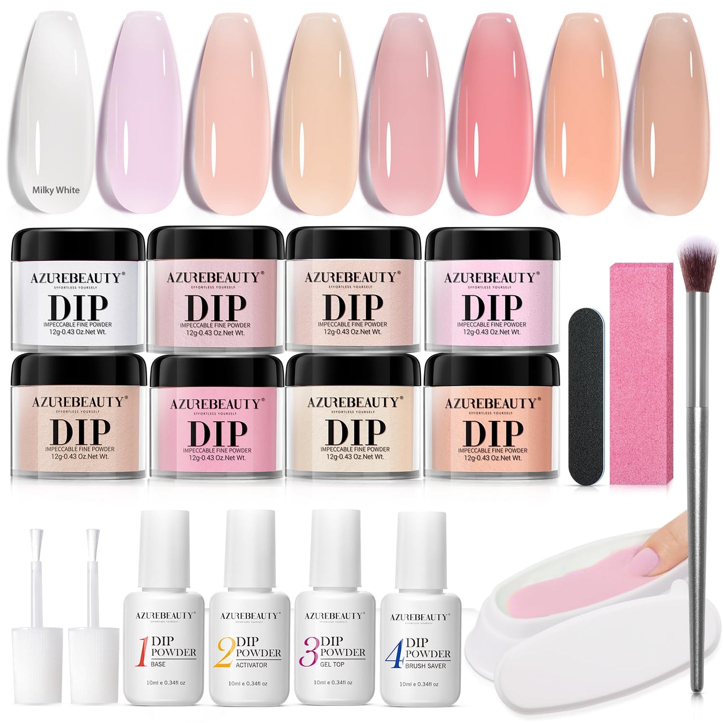 AZUREBEAUTY Dip Powder Nail Kit Starter 8 Translucent Nude White Pink Sheer Neutral Colors, Semi-transparent Natural Clear Dipping Powder Milky Jelly Effect French Nail Art Manicure Salon DIY at Home