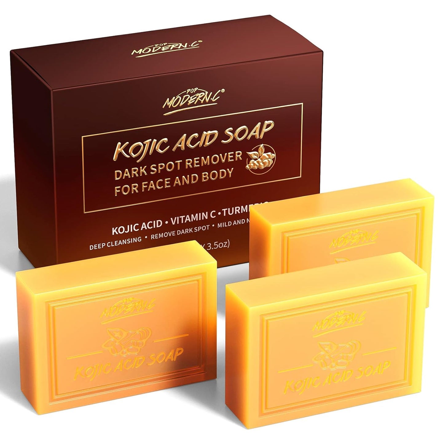 POP MODERN.C Kojic Acid Soap Turmeric Soap 3PCS Dark Spot Remover for Face and Body Bath Soap Moisturizing Even out Tone Skin Vitamins C Soap for Acne Blackheads Remover 3x100g Christmas gift