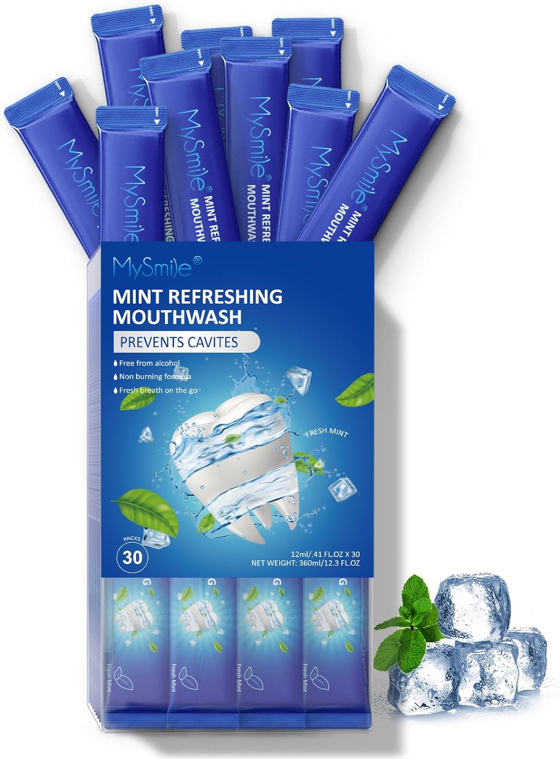 MySmile Mouthwash Alcohol Free, Mouth Wash for Adults, Travel Mouthwash Helps Kill 99% of Bad Breath Germs, Prevents Cavities, Fluoride Free, Fresh Mint, 30 Uses (0.41 Fl Oz (Pack of 30))