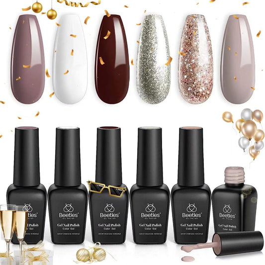 Beetles Holiday Gel Nail Polish Set - 6 Colors Burgundy Red Brown Champagne Gold Brown Gel Polish Kit Snow White Nude Grey Soak off Nail Uv Lamp Gel Polish Gel Nail Manicure Kit DIY Gifts for Women