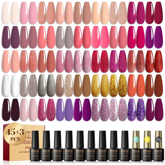 ROSALIND 45+3 Pcs Gel Nail Polish Set,Pink Colors gel polish Set with Base Coat and Glossy & Matte Gel Top Coat Gold Glitter Gel Nail Set Nail Art Salon DIY at Home Manicure Set