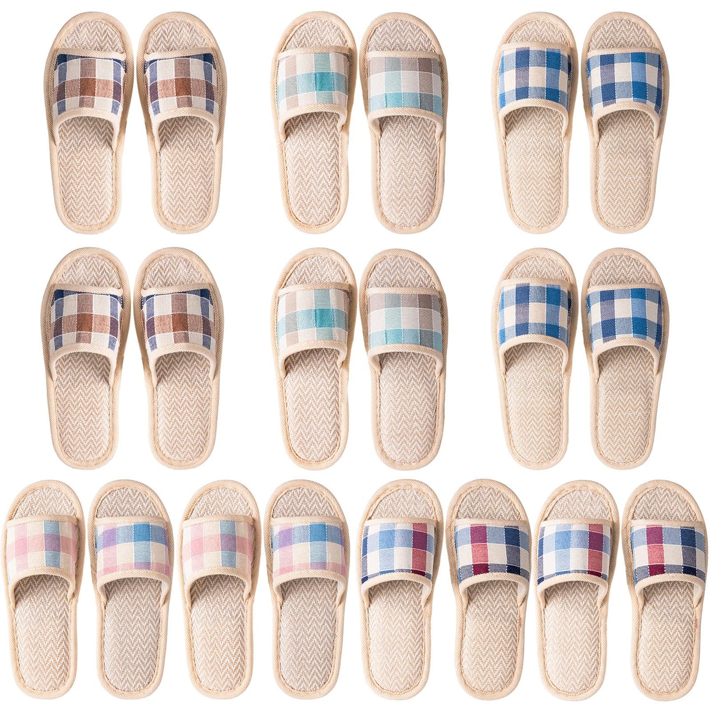 10 Pair House Slippers for Guests Open Toe Breathable Slippers Washable Reusable Home Slippers Indoor Hotel Family Travel Unisex Non Slip Casual Spa Slippers, Plaid Style, 4 Large Size + 6 Medium Size