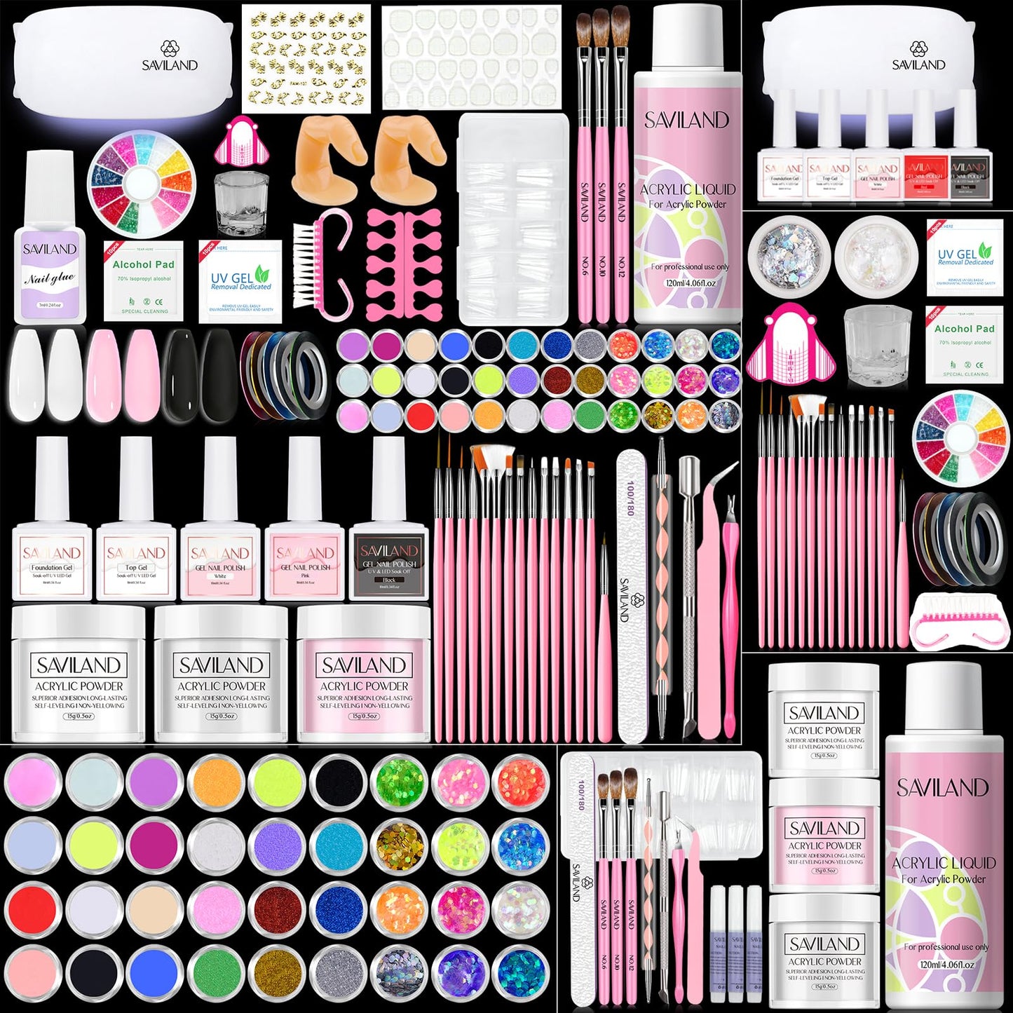 Saviland Acrylic Nail Kit with Everything: For Beginners Nail Kit Acrylic Set with Gel Polish Kit U V Nail Lamp Professional Acrylic Powder Complete Nail Kit for Starter DIY Home Acrylic Nails