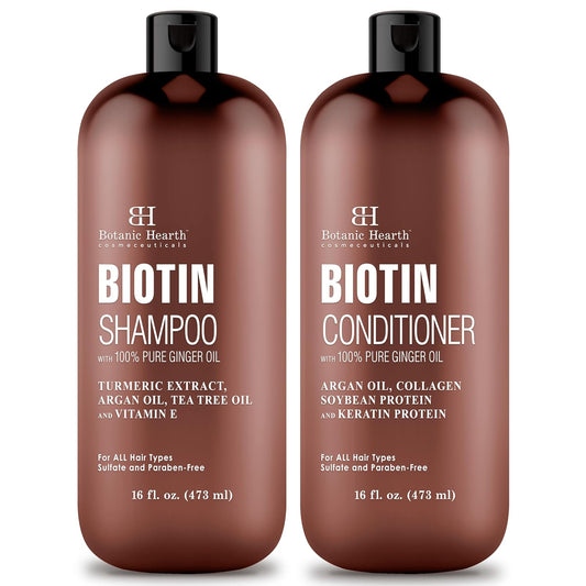 BOTANIC HEARTH Biotin Shampoo and Conditioner Set - with Ginger Oil & Keratin for Hair Loss and Thinning Hair - Fights Hair Loss, Sulfate Free, for Men and Women, (Packaging May Vary),16 fl oz each