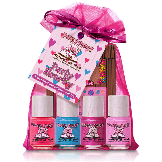 Piggy Paint | 100% Non-Toxic Girls Nail Polish | Safe, Cruelty-free, Vegan, & Low Odor for Kids | Party Hearty (4 Polish + Nail Art Gift Set)