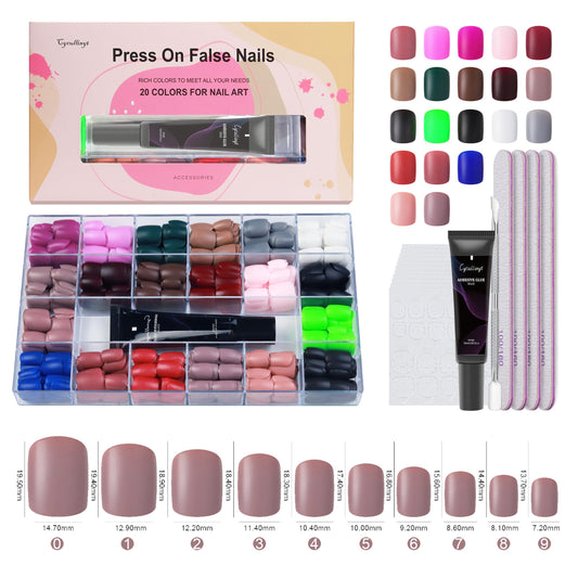 Cycullinyt 960pcs 21 Packs Short Press On Nails Solid Colors Acrylic Fake Nails Full Cover with Matte Glue 20 Colors(10 Sizes Every Color) False Nail for Nail Art DIY Salon (Square nail)