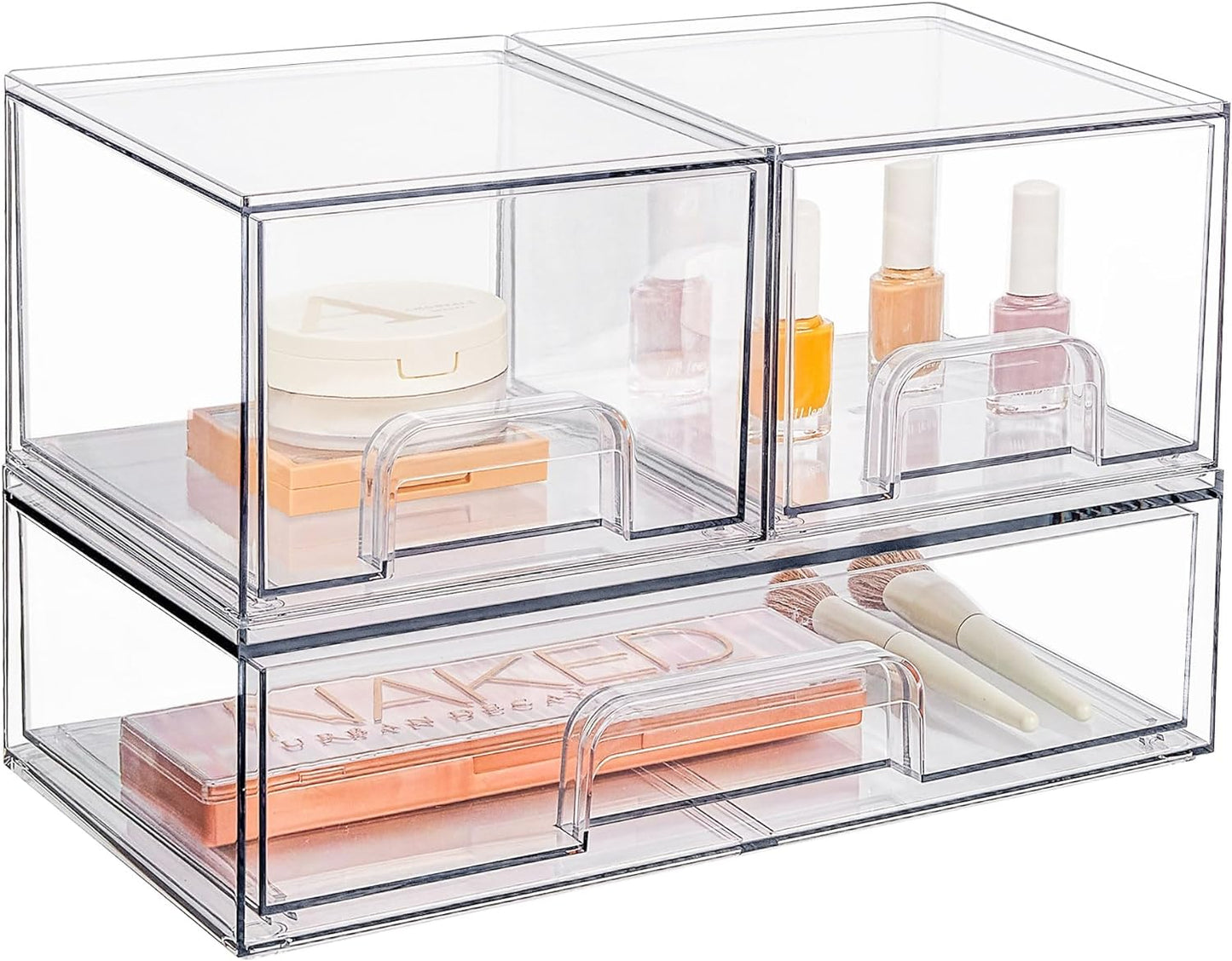 Vtopmart Stackable Storage Drawers Set of 3, 12" Wide and 4.4'' Tall Clear Plastic Organizer Bins for Makeup Palettes, Cosmetics, Beauty Supplies,Ideal for Vanity, Bathroom,Cabinet,Pantry Organization