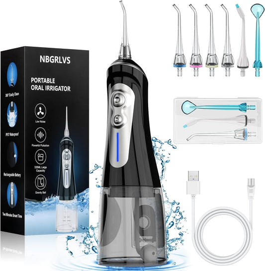 NBGRLVS Water Picks for Teeth Cleaning,6 Modes 6 Tips and Storage Case Water Dental Flossers Cordless 320ML IPX 7 Waterproof Rechargeable Portable Electric Waterflosser Cleaner for Trave Home(Black)