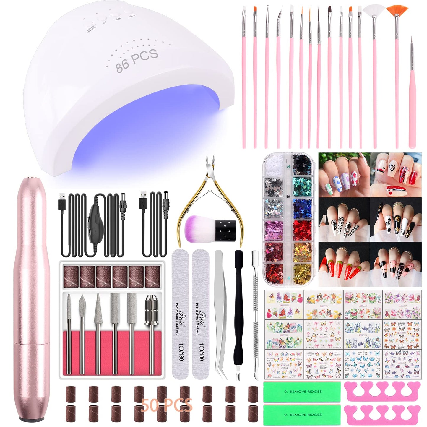 86PCS Acrylic Nail Kit Set with Everything, Professional Electric Nail Drill Machine 48W UV LED Nail Lamp Gel Dryer Lamp, Nail Supplies Art Brushes Decoration Nail Efile Tools for Acrylic Gel Nails