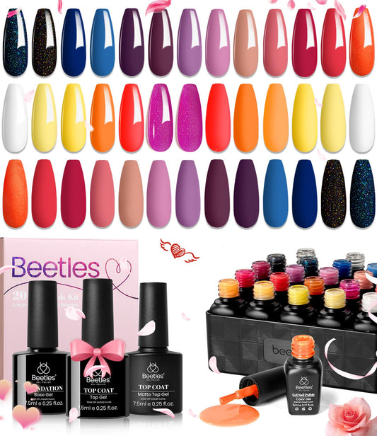 Beetles Gel Nail Polish Set 20 Colors With 2024 Pink White Red Green Orange-Red Nail Polish Spring Purple Blue Dark Glitter Gel Polish Starter Kit With Glossy & Matte Top Coat And Base Coat