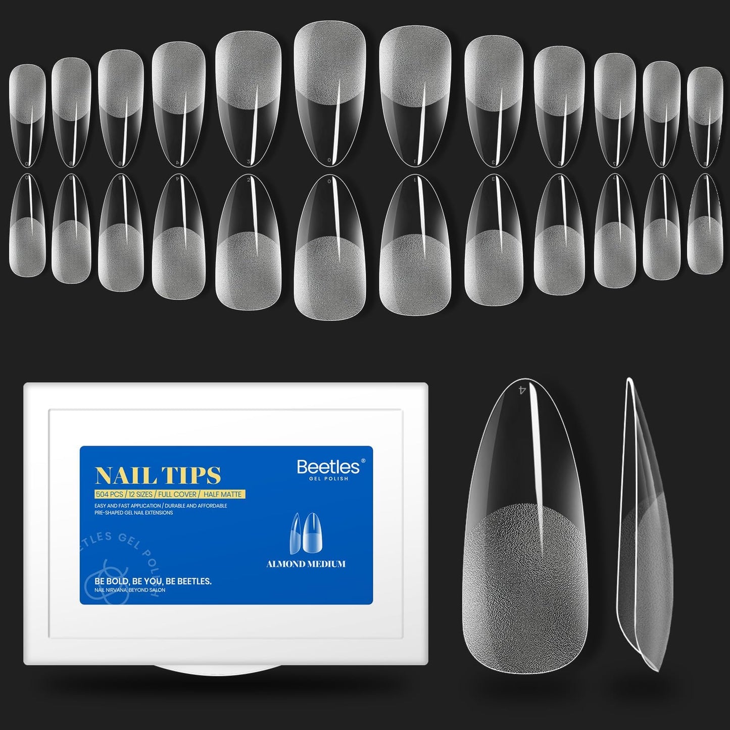 Beetles Gel Nail Tips Etch Soft Gel Nail Tips 500Pcs Pre Filed Half Matte Medium Almond Full Cover Nail Tips False Fake Clear Acrylic Press on Nails for DIY Nail Extension and Salon Use