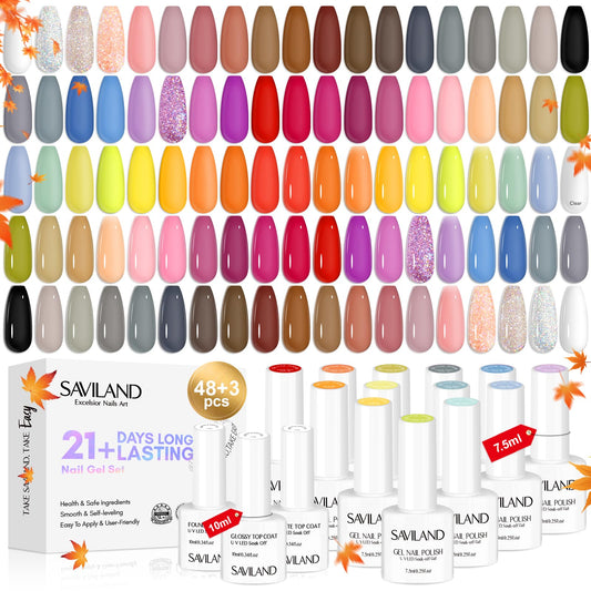 SAVILAND 48+3 Color Gel Nail Polish Set - Nail Gel Polish Set With Base and Glossy & Matte Top Gel Pure & Translucent & Glitter Soak Off Nail Art Gel All-In-One Starter Set for DIY Home & Salon