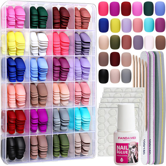 FANDAMEI Short Press on Nails, 24 Packs 576PCS Short Round Press on Nails Matte, Acrylic Short Small Fake Nails Full Cover, Matte Glue on Nails with 7g Nail Glue, 24 Color False Nail for Small Nails