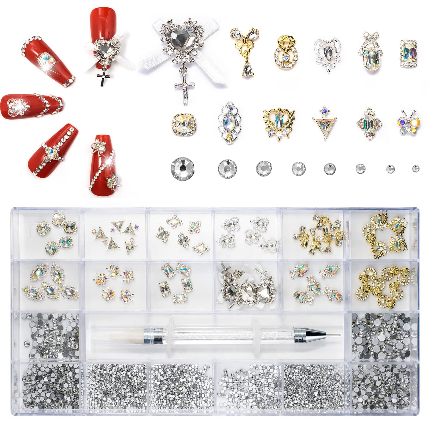 Nail Rhinestones Kit, Nail Charms for Acrylic Nails Decoration, Nail Gems and Rhinestones With Wax Pen, 3D Nail Rhinestone Crystals Diamonds Charms for Nail Art Design, Jewels, Makeup