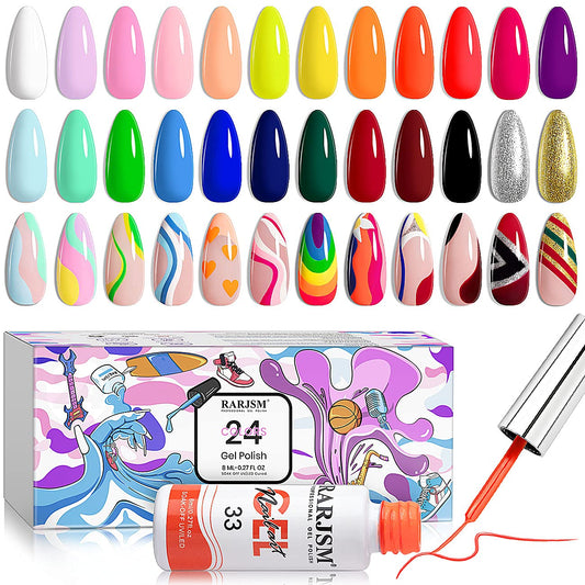 RARJSM Nail Art Gel Liner 24 Color Line Art Painted Gel Nail Polish Set Pink Blue Green Silver Gold Glitter for Nails Painting Drawing Soak Off UV LED Curing Requires Bulid in Thin Nail Art Brush